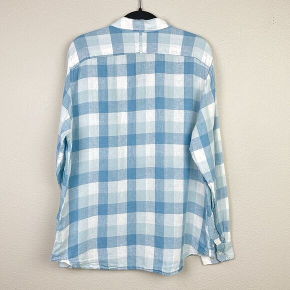 Banana Republic Men's Large Camden Fit 100% Linen Plaid Shirt Collare Button Blu - Picture 12 of 16